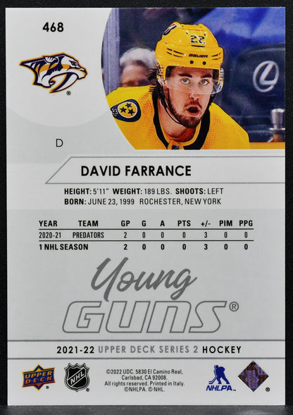 2021-22 Upper Deck Series 2 Young Guns David Farrance 468 Predators RC 3741