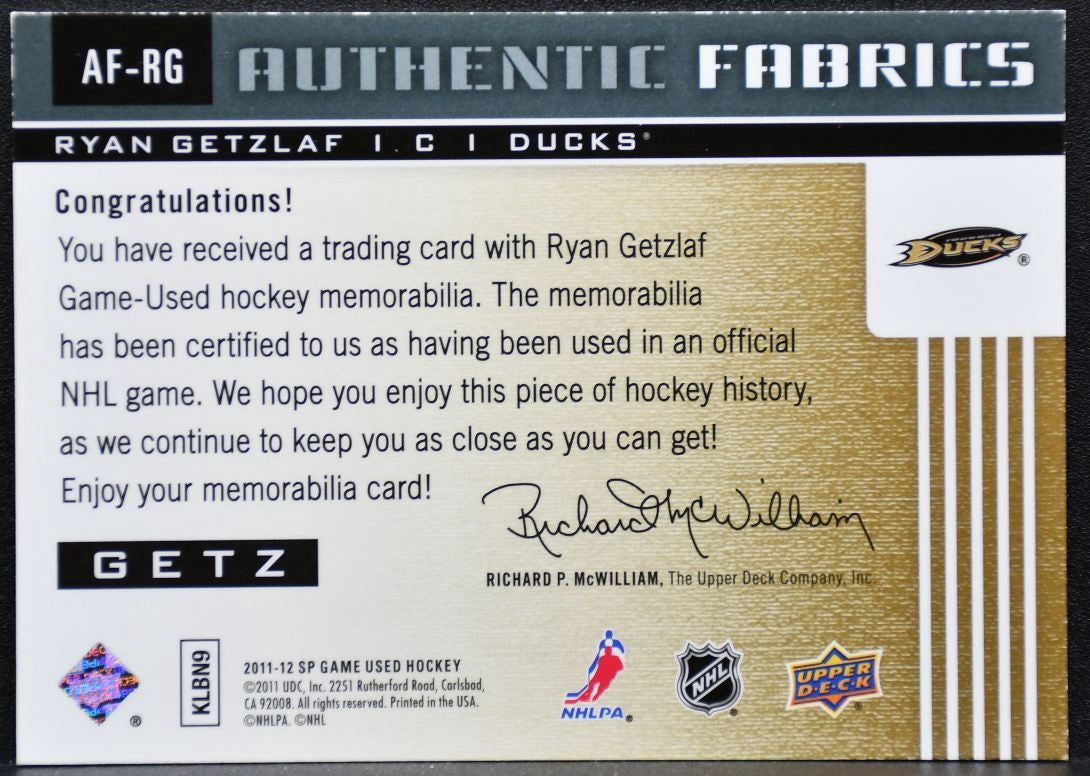 2011-12 SP Game Used Authentic Fabrics Ryan Getzlaf AF-RG Ducks Jersey 0924