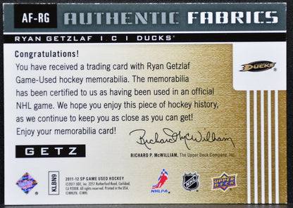 2011-12 SP Game Used Authentic Fabrics Ryan Getzlaf AF-RG Ducks Jersey 0924