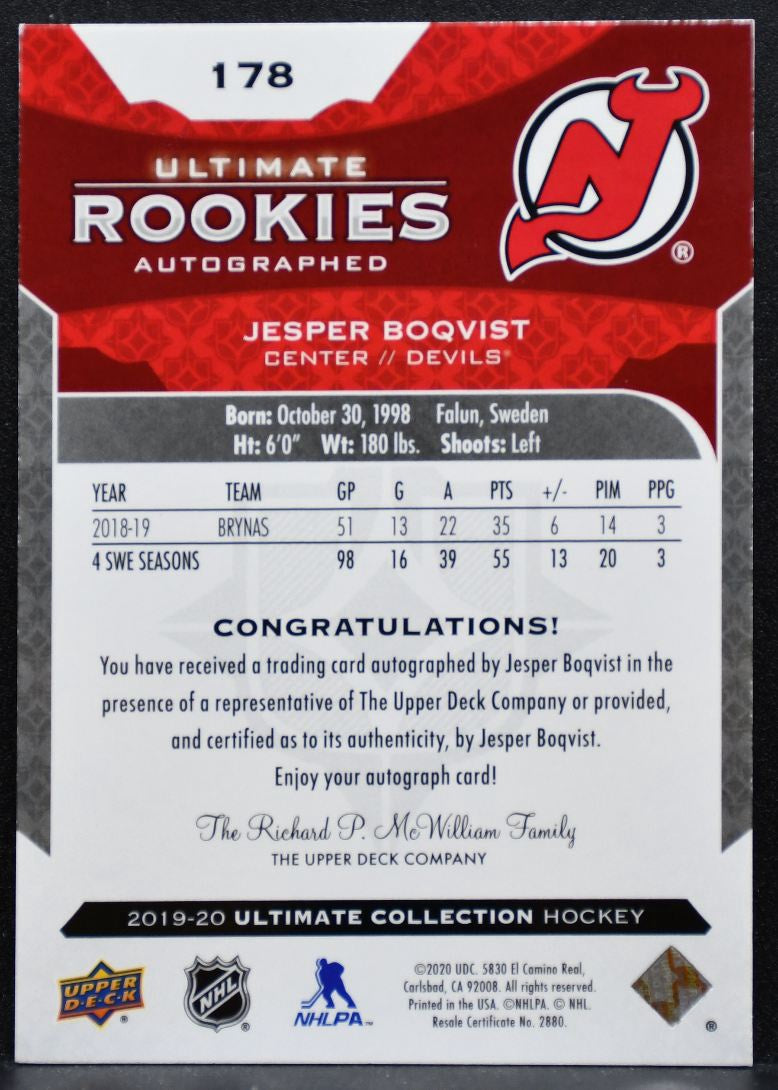 2019-20 UD Ultimate Collection Rookies Auto Boqvist Devils RC Auto 297/299 6808