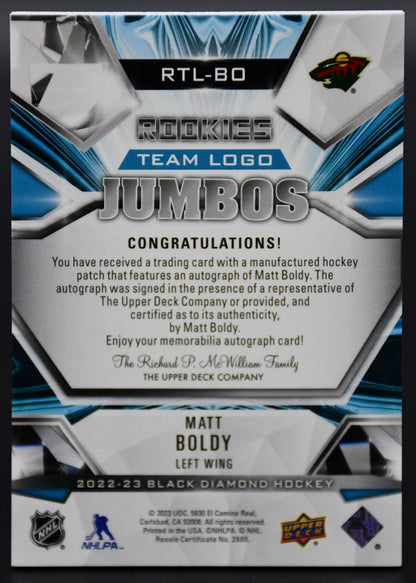 2022-23 UD Black Diamond Boldy RTL-BO Minnesota Wild RC Auto /99 Patch