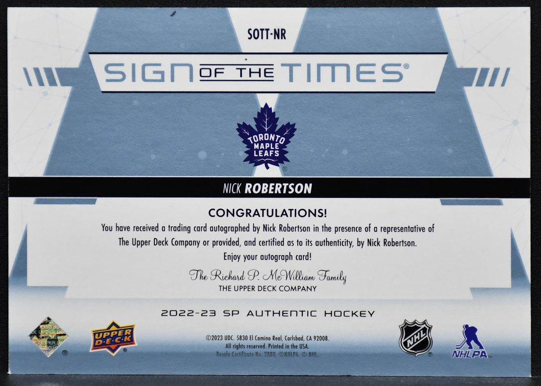 2022-23 SP Authentic Sign of the Times Gold Inscribed Robertson SOTT-NR Auto /99