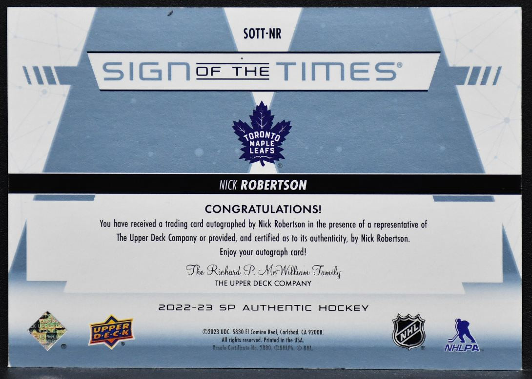 2022-23 SP Authentic Sign of the Times Gold Inscribed Robertson SOTT-NR Auto /99