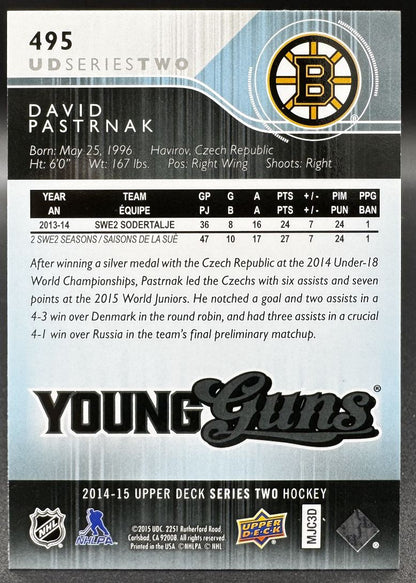 Série 2 des jeunes loups de l'UD 2014-15, carte recrue David Pastrnak 495 des Bruins de Boston