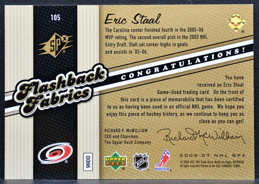 2006-07 SPx Flashback Fabrics Eric Staal 105 Carolina Hurricanes Jersey 9916