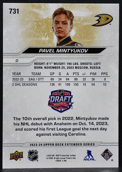 23-24 UD Extended Series 1st Round RCs Deluxe Pavel Mintyukov 731 Ducks RC /250 8037