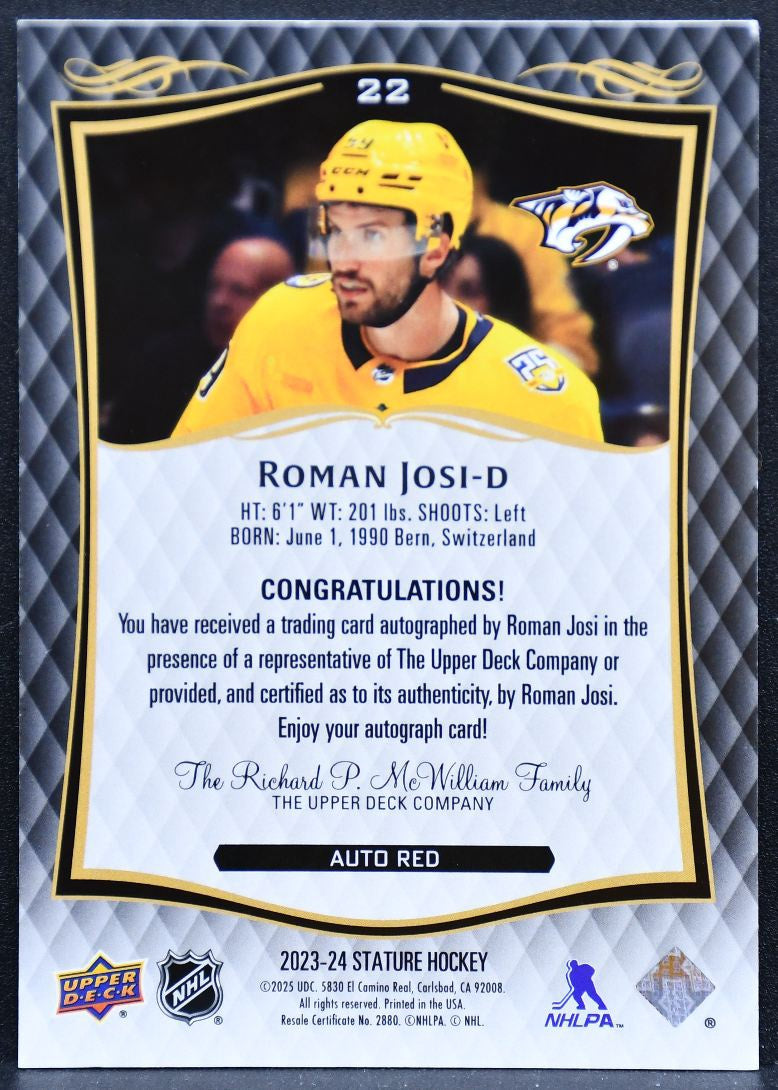 2023-24 Upper Deck Stature Auto Red Roman Josi 22 Predators Auto 33/99 4623