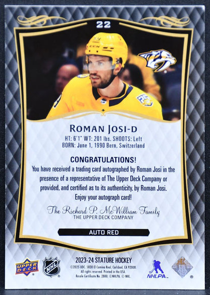2023-24 Upper Deck Stature Auto Red Roman Josi 22 Predators Auto 33/99 4623
