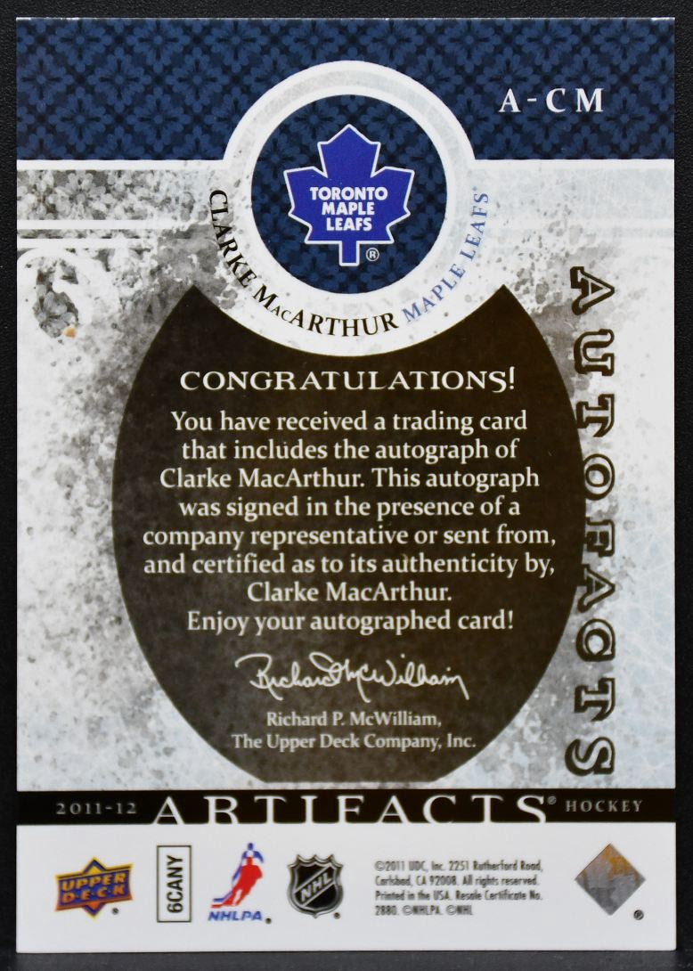 2011-12 UD Artifacts Autofacts Clarke MacArthur A-CM Maple Leafs Auto 9499