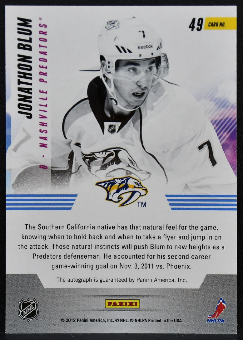 2011-12 Panini Titanium New Wave Autographs Jonathon Blum 49 Predators Auto 7952