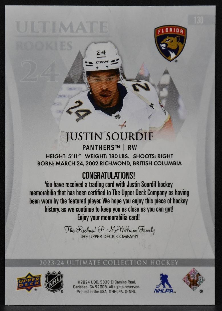 23-24 UD Ultimate Collection Jersey RCs Sourdif 130 Panthers RC /599 Jersey 2738