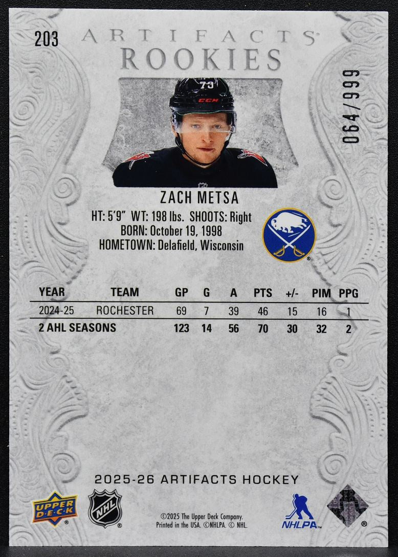 2025-26 Upper Deck Artifacts Rookies Base Zach Metsa 203 RC 064/999 6155