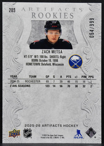 2025-26 Upper Deck Artifacts Rookies Base Zach Metsa 203 RC 064/999 6155