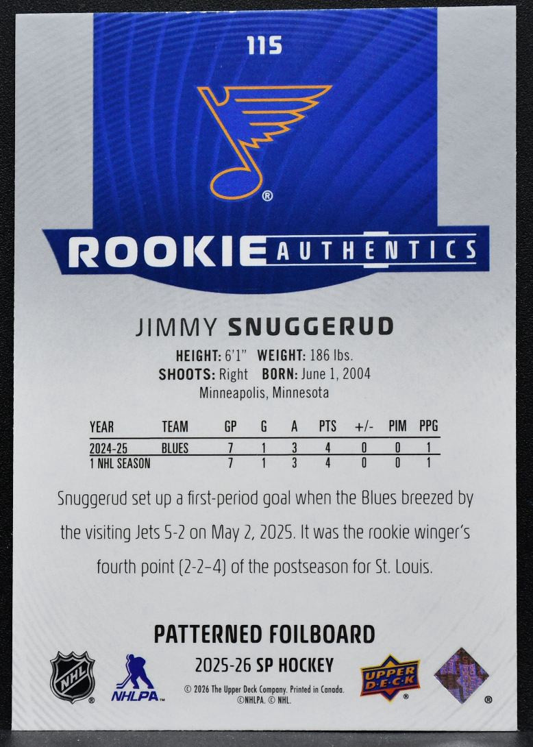 2025-26 SP Rookie Authentics Patterned Foilboard Jimmy Snuggerud Blues RC 7801