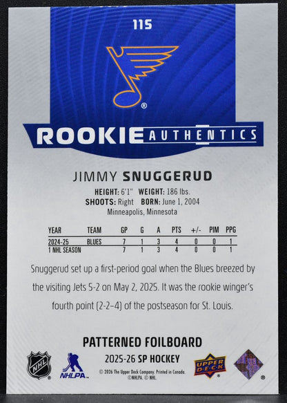 2025-26 SP Rookie Authentics Patterned Foilboard Jimmy Snuggerud Blues RC 7801