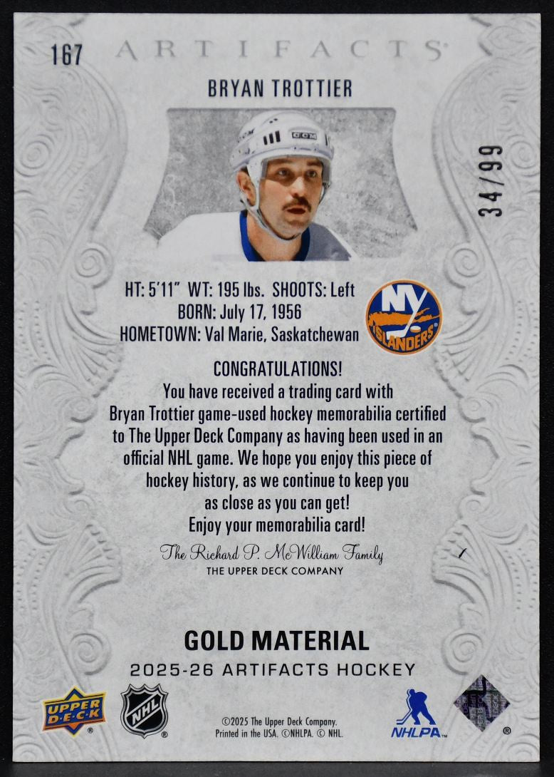 2025-26 Upper Deck Artifacts Gold Material Bryan Trottier 167 34/99 Jersey 2941