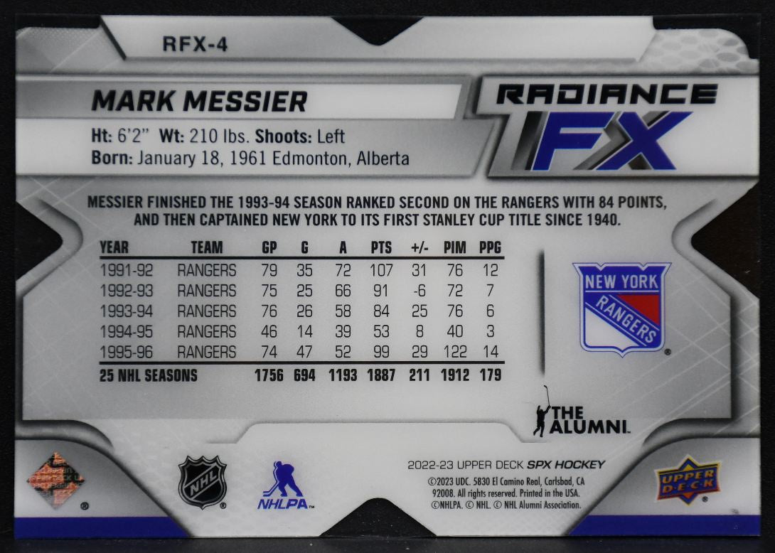 2022-23 SPx Radiance FX Blue Mark Messier RFX-4 New York Rangers 092/399 1319