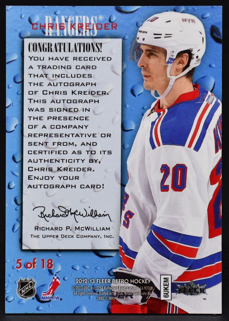 2012-13 Fleer Fleer Retro Rookie Sensation Chris Kreider 5 RC Auto