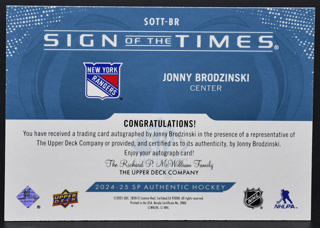 2024-25 SP Authentic Jonny Brodzinski SOTT-BR New York Rangers Auto