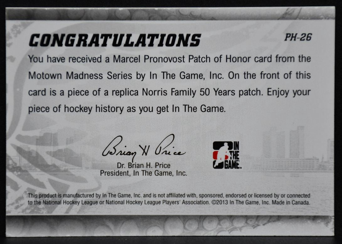 12-13 In The Game Motown Madness Patch of Honor Pronovost PH-26 Red Wings Patch 4282