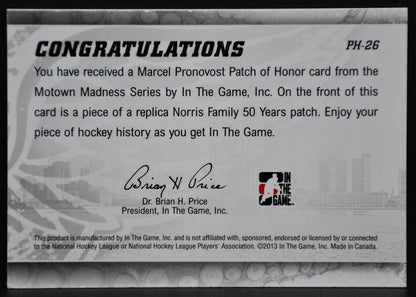 12-13 In The Game Motown Madness Patch of Honor Pronovost PH-26 Red Wings Patch 4282