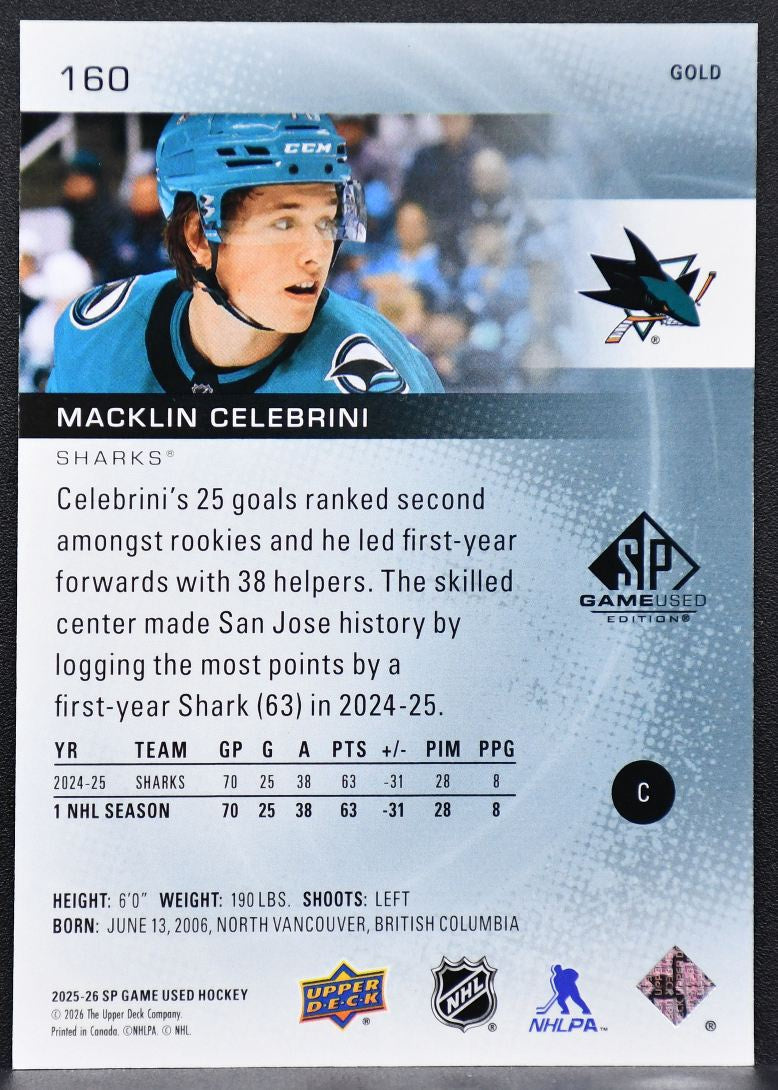 2025-26 SP Game Used Gold Macklin Celebrini 160 San Jose Sharks 046/149 1470