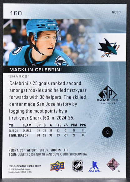 2025-26 SP Game Used Gold Macklin Celebrini 160 San Jose Sharks 046/149 1470