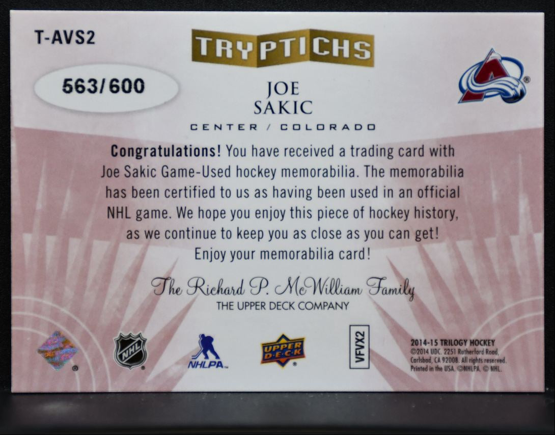 2014-15 UD Trilogy Tryptichs Jersey Joe Sakic Avalanche 563/600 Jersey 6774