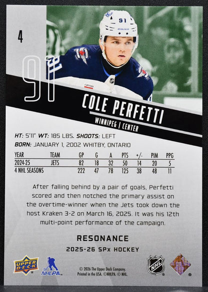 2025-26 SPx Resonance Cole Perfetti 4 Winnipeg Jets 147/150 8532