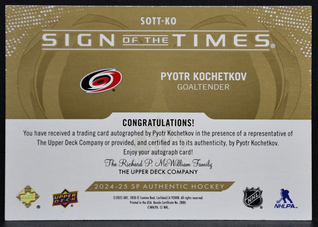 2024-25 SP Authentic Sign Times Black Kochetkov Hurricanes Auto 89/99 8294