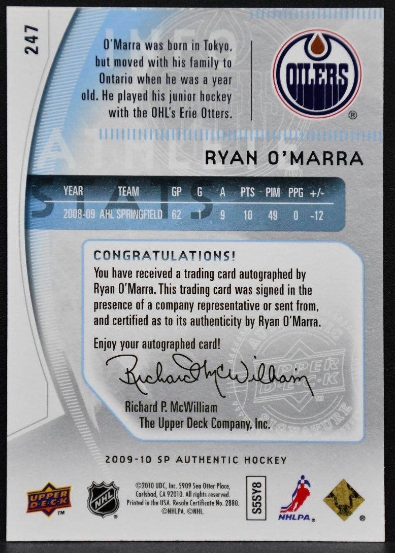 2009-10 SP Authentic Future Watch Auto Ryan O'Marra 247 Oilers RC Auto 653/999