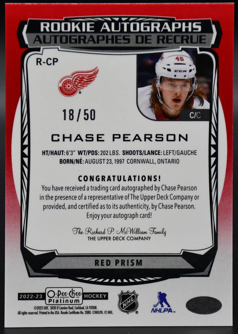 2022-23 OPC Platinum Chase Pearson R-CP Detroit Red Wings RC Auto 18/50