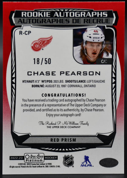 2022-23 OPC Platinum Chase Pearson R-CP Detroit Red Wings RC Auto 18/50