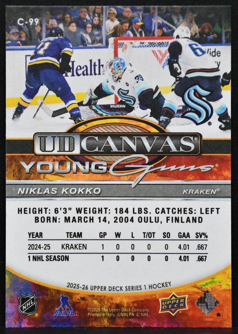 2025-26 UD Series 1 UD Canvas Young Guns Niklas Kokko C-99 Seattle Kraken RC 3360