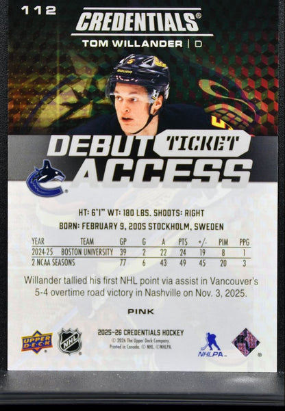 2025-26 UD Credentials Debut Ticket Access Pink Tom Willander RC 57/99 9942