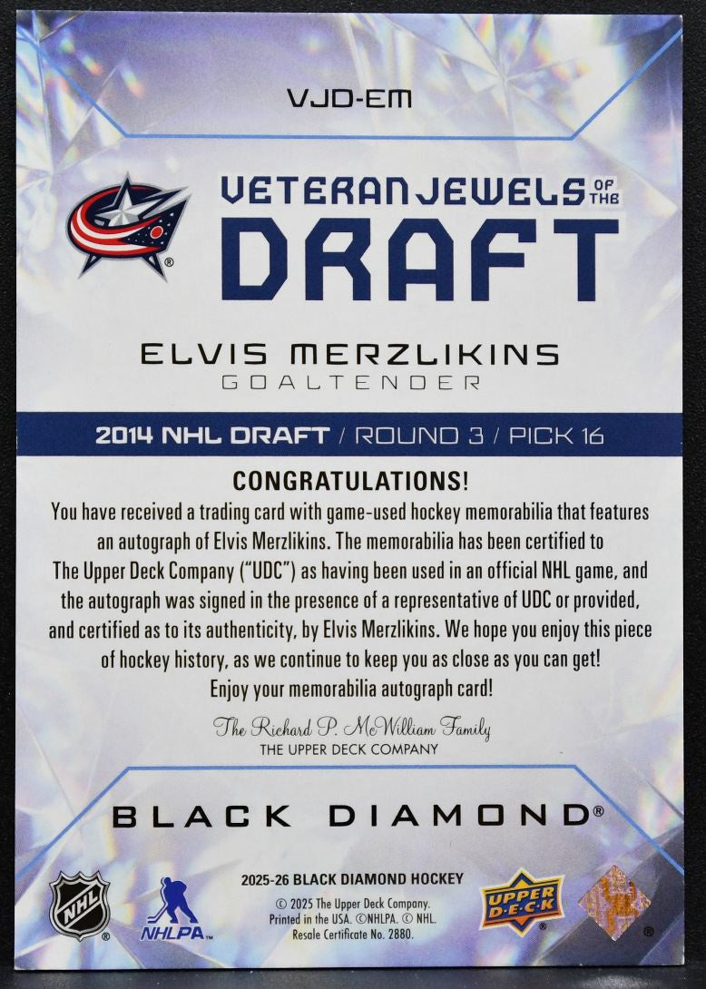 2025-26 UD Black Diamond Veteran Jewels of the Draft Merzlikins Auto Patch 5749