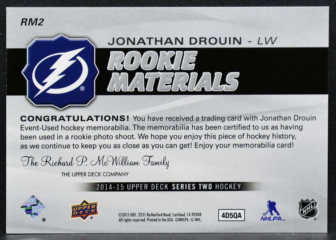 2014-15 Upper Deck Series 2 Rookie Materials Jonathan Drouin RM2 RC Jersey 9309