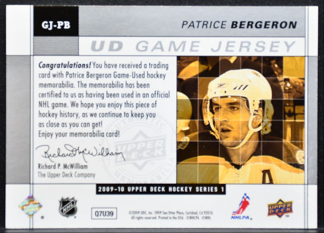 2009-10 Upper Deck Series 1 UD Game Jerseys Patrice Bergeron Bruins Jersey 9137