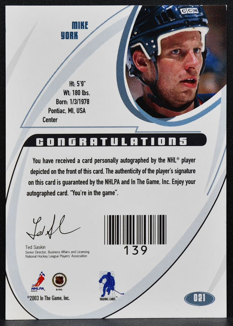 2002-03 In The Game Signature Mike York 021 Edmonton Oilers Auto 4723