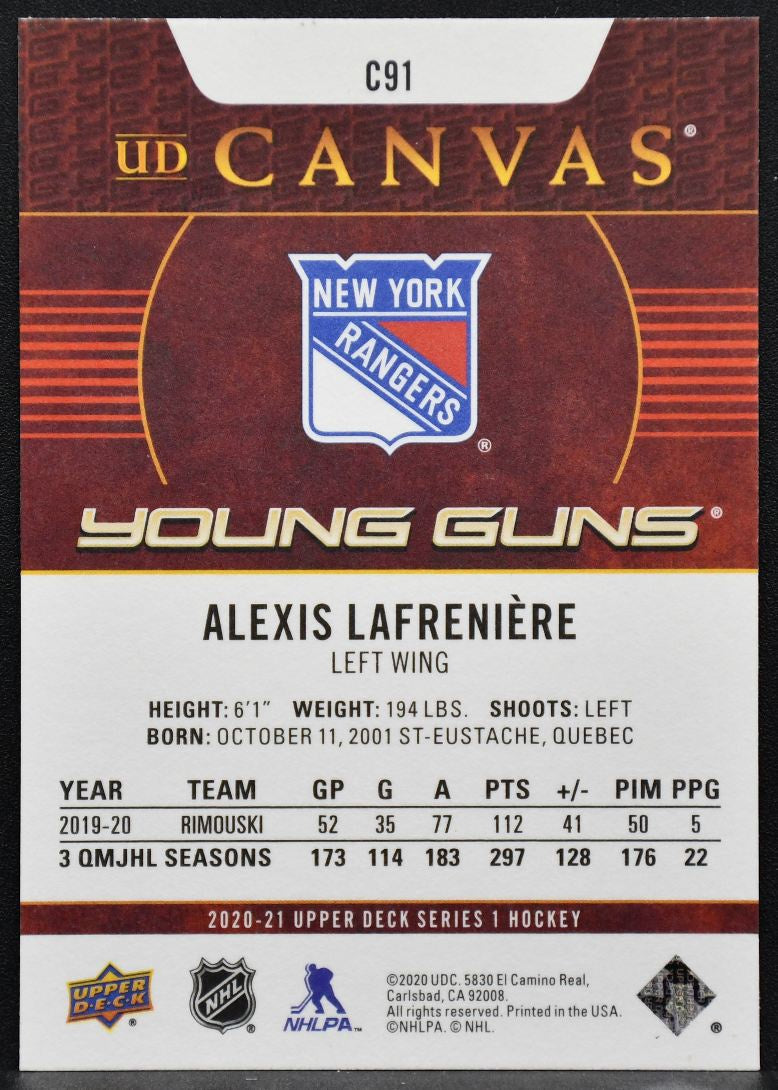 2020-21 Upper Deck Series 1 UD Canvas Young Guns Alexis Lafreniere C91 RC 1579