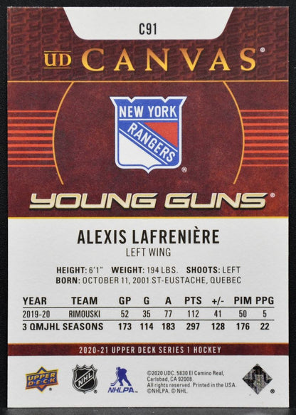 2020-21 Upper Deck Series 1 UD Canvas Young Guns Alexis Lafreniere C91 RC 1579