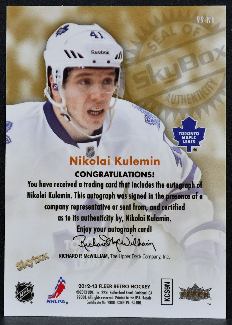 2012-13 Fleer Retro Auto 1999 Nikolai Kulemin 99-NK Maple Leafs Auto 1509