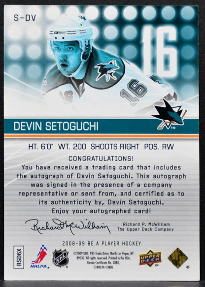 2008-09 Upper Deck Be a Player Signatures Devin Setoguchi S-DV Sharks Auto 7287