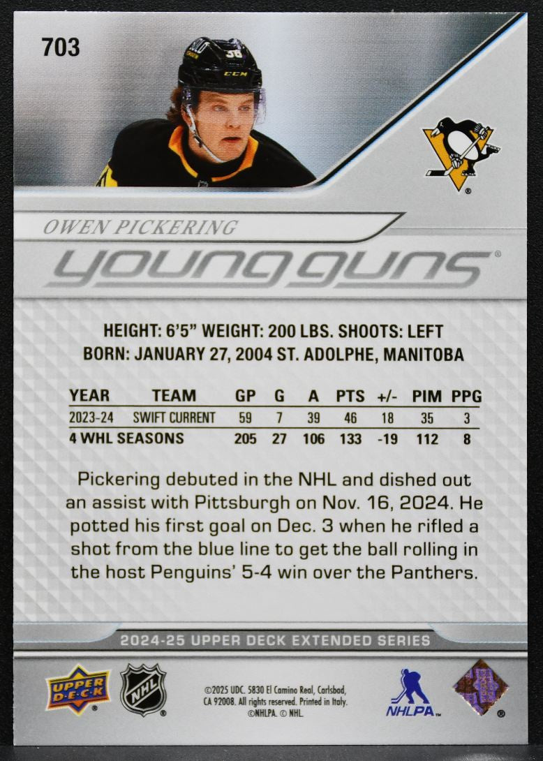 2024-25 Upper Deck Extended Young Guns Owen Pickering 703 Penguins RC 4834