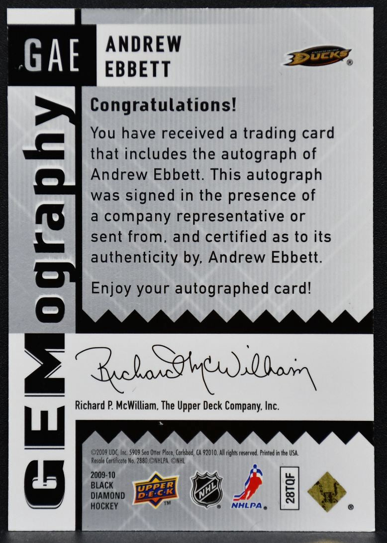 2009-10 Upper Deck Black Diamond Gemography Andrew Ebbett GAE Auto 3771