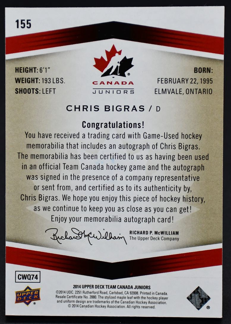 2014-15 UD Team Canada Juniors Auto Patch Chris Bigras 155 Auto 104/199 Patch