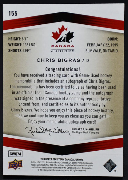 2014-15 UD Team Canada Juniors Auto Patch Chris Bigras 155 Auto 104/199 Patch