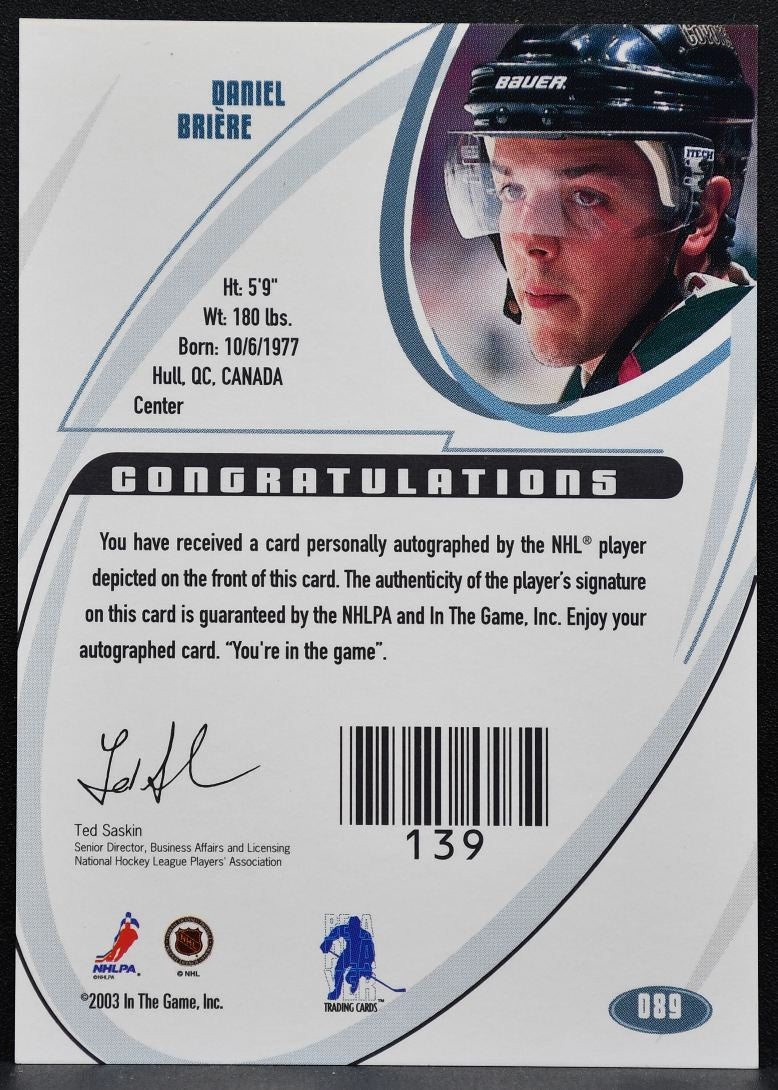 2002-03 In The Game Signature Series Daniel Briere 089 Arizona Coyotes Auto 7774