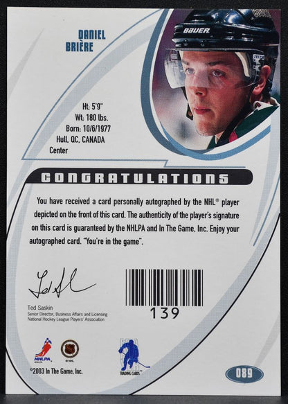 2002-03 In The Game Signature Series Daniel Briere 089 Arizona Coyotes Auto 7774