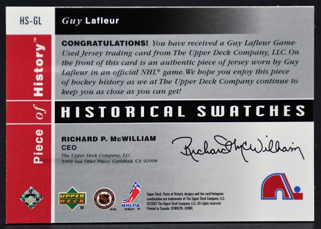 2002-03 UD Piece of History Historical Swatches  Lafleur Nordiques Jersey